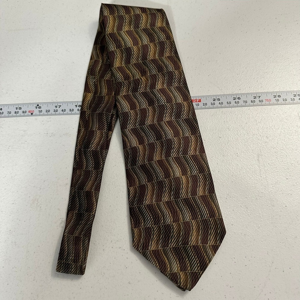 Pavone Mens Silk Tie Made in Italy Brown Gold Geometric Wave Pattern Necktie